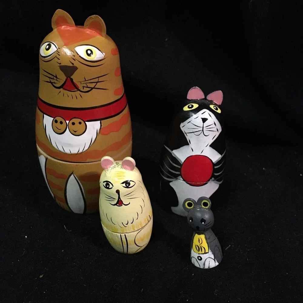 Cats Nesting Dolls Set of 4 Wood Kittens Mouse Russian